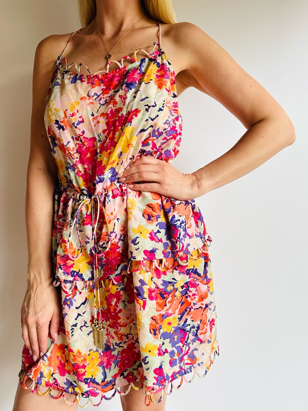 Retired Zimmermann Colorful Floral Ruffle Tie Waist Scalloped Trim Mini Dress